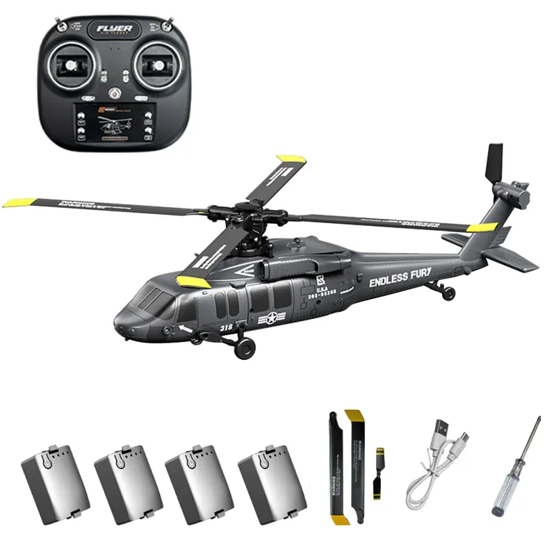 Hanll Black Hawk K200 6CH Simulation RC Helicopter with Brushless Motor, Optical Flow & Altitude Hold, One-Key Inverted Flight, 2.4G Remote Control, High Simulation Aerobatic Model (Grey/4 Battery)