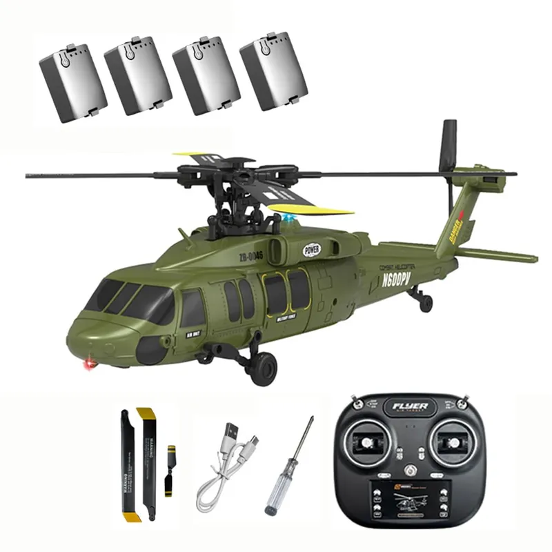 Hanll Black Hawk K200 6CH Simulation RC Helicopter with Brushless Motor, Optical Flow & Altitude Hold, One-Key Inverted Flight, 2.4G Remote Control, High Simulation Aerobatic Model (Green/4 Battery)