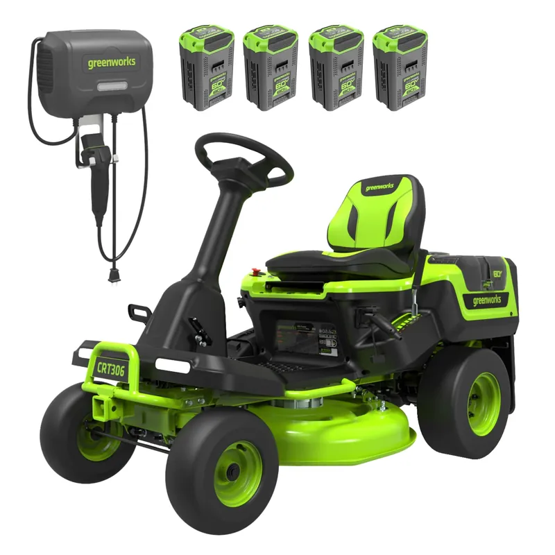 Greenworks 60V 30‘ Riding Lawn Mower (1.25 Acre, 16 HP Gas Equivalent, 6 MPH, Tow Up to 200 lbs.), (4) 8.0Ah Batteries (1,920 Wh Max) + Turbo Wall Charger