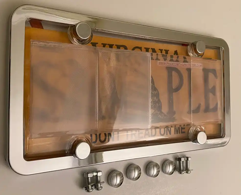 4th Gen. Phantom Tag Protector Clear License Plate Cover & Chrome Frame w/Bolts & Bolt Caps