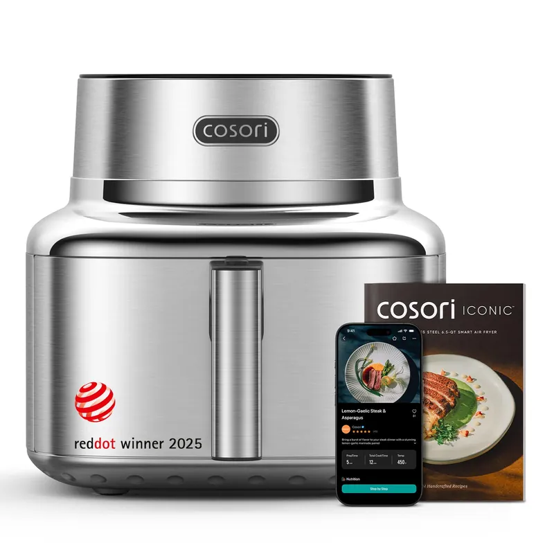 Cosori Iconic Stainless Steel 6.5 Qt Smart Air Fryer, PFAS-Free Ceramic Coating, Max 450ยฐF, Consistent Cooking, Air Fry, Roast, Bake, Dry, Proof, Reheat, Dishwasher-Safe Basket, Chef-Crafted Recipes