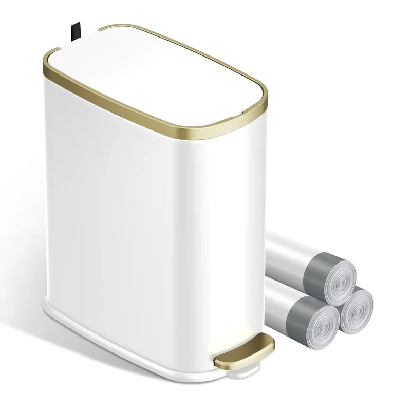 Small Bathroom Trash Can with Lid Soft Close, Step Pedal, 2.6 Gal Stainless Steel Garbage Can with Removable Inner Bucket