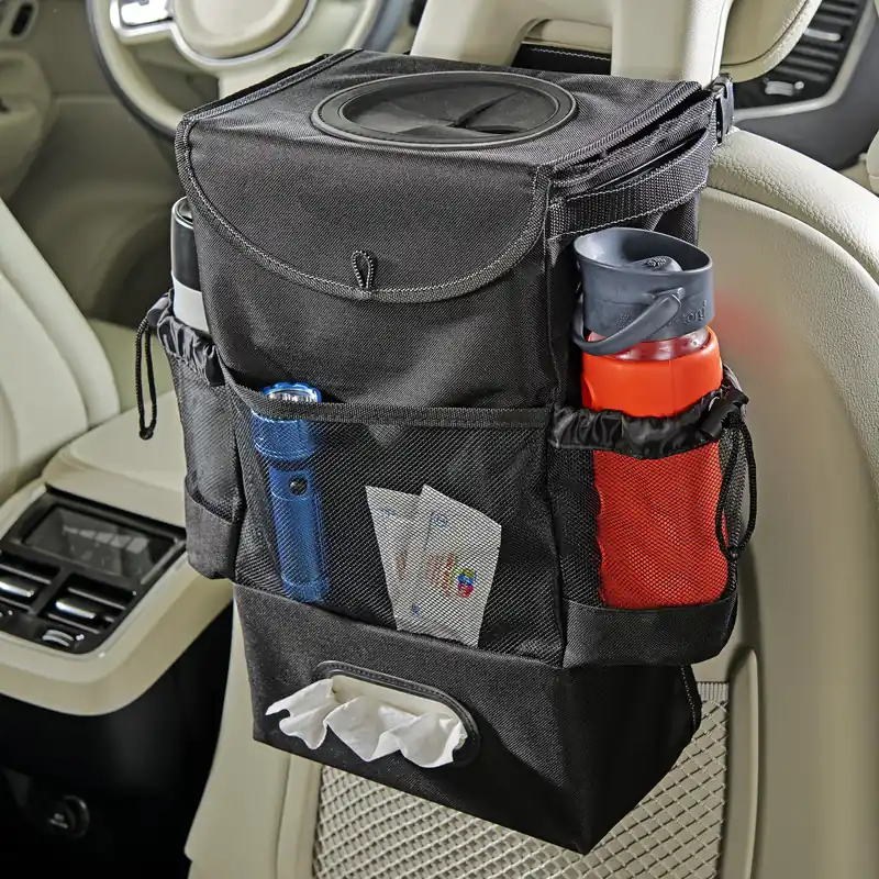 Large Car Trash Can for Back Seat - Car Garbage Bag With Tissue Holder and Bottle Pockets