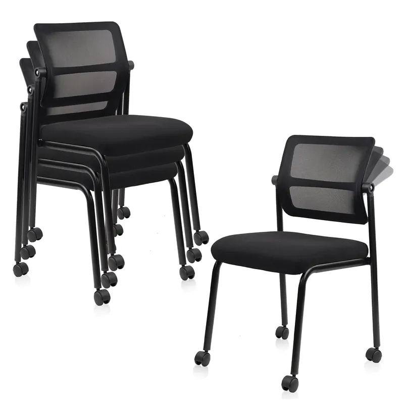 CLATINA 4PK Mesh Stacking Office Desk Chairs with Wheels, Portable Stackable Bulk Waiting Room Armless Chair with Adjustable Back & Fabric Seat for Guest Lobby Side School Church Conference Break