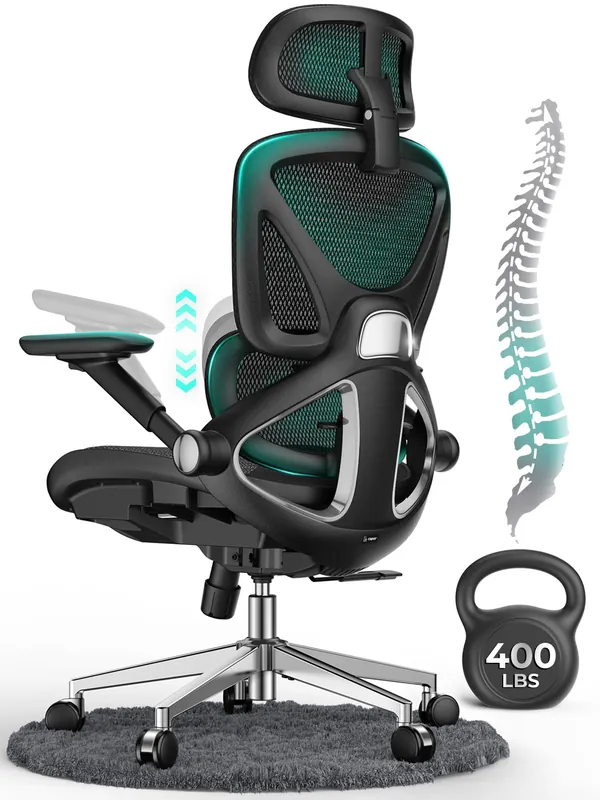Mesh Office Chair, Adjustable Lumbar High Back Desk Chair 400lbs, 4D Flip-up Arms, 3-Level Tilt Backrest, 3D Headrest, PU Wheels