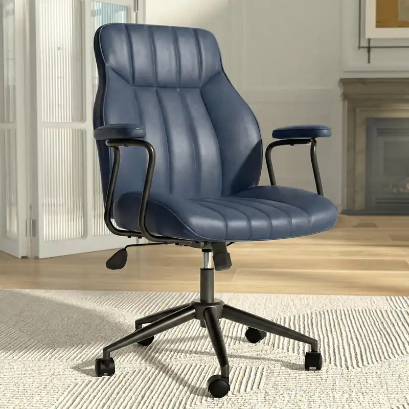 Blue Leather Office Desk Chair with Wheels and Arms, Height Adjustable