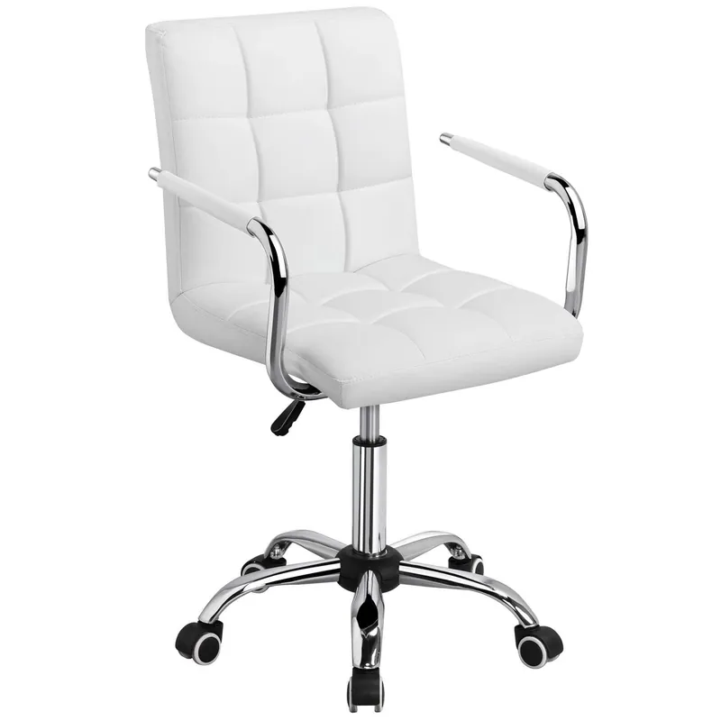 White Office Chair with Wheels and Armrests, Modern PU Leather Desk Chair