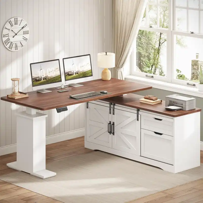 55 inch Height Adjustable Corner Desk with Storage Drawers, Standing Computer Desks with Power Outlets for Home Office