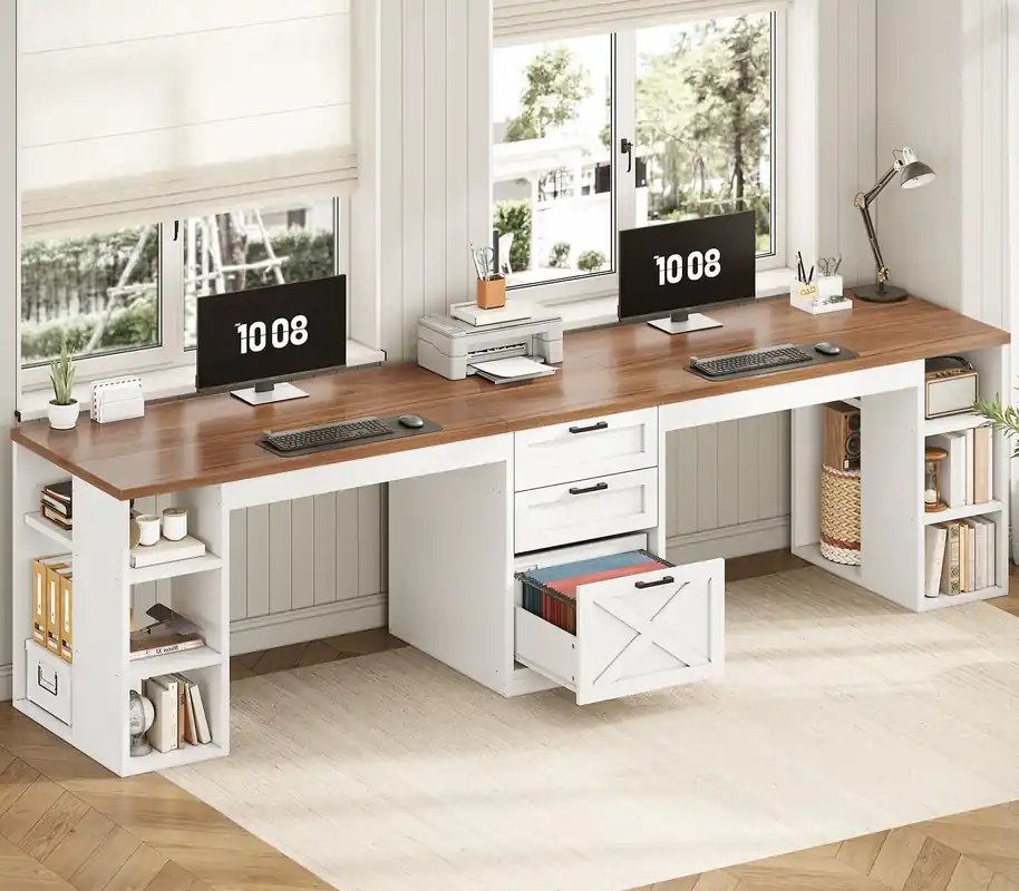 Farmhouse 96.5" Computer Desk with Drawers, 2 Person Home Office Desk, Gaming Double Desk with Storage Shelves
