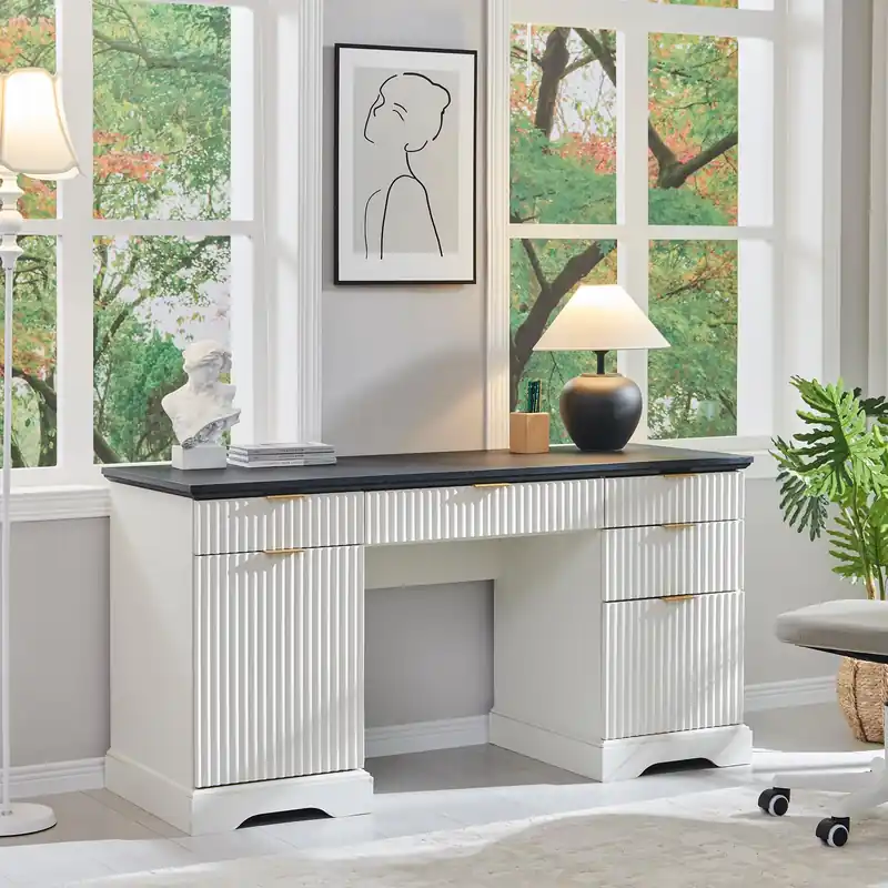 Desk with Storage, Wood Home Office Desk with 5 Drawers & 1 Cabinet, Fluted Computer Writing Desk for Study