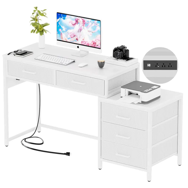 Reversible Computer Desk with 5 Drawers, Sturdy Office Desk with Power Outlets and USB Ports