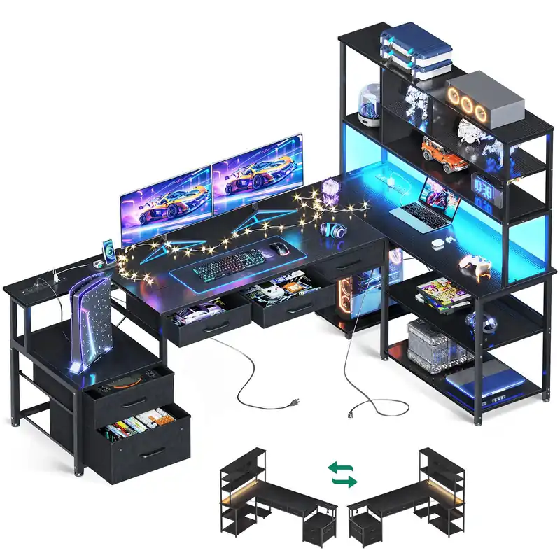 AODK 79 inch L Shaped Desk with 5 Drawers, Reversible L Shaped Gaming Desk with LED Light & 2 Power Outlets, Computer Desk with Storage Shelves for Home Office, Black