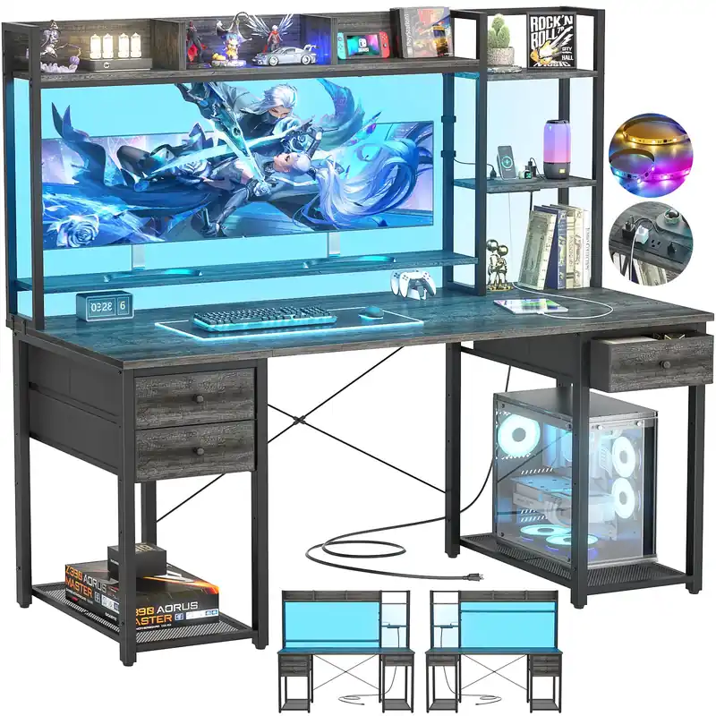 Desk with LED and Outlets, Gaming Desks with Hutch, 55.2‘‘ Computer Desk with Drawers, Reversible Office Desk