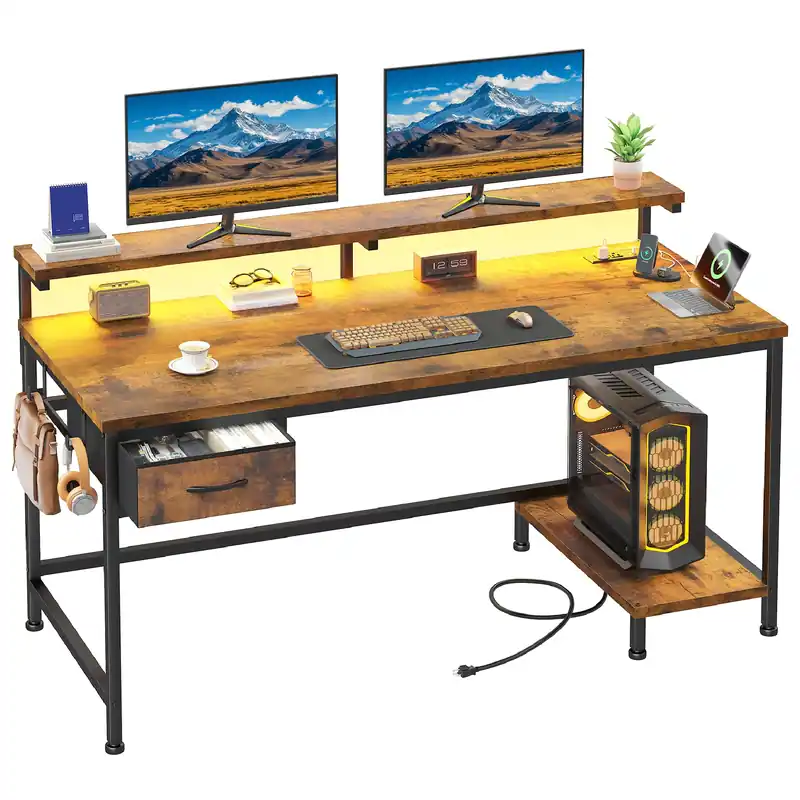 47.2 Inch Office Desk with Power Outlet & Ergonomic Monitor Stand,Gaming Desk with CPU Stand& LED Lights