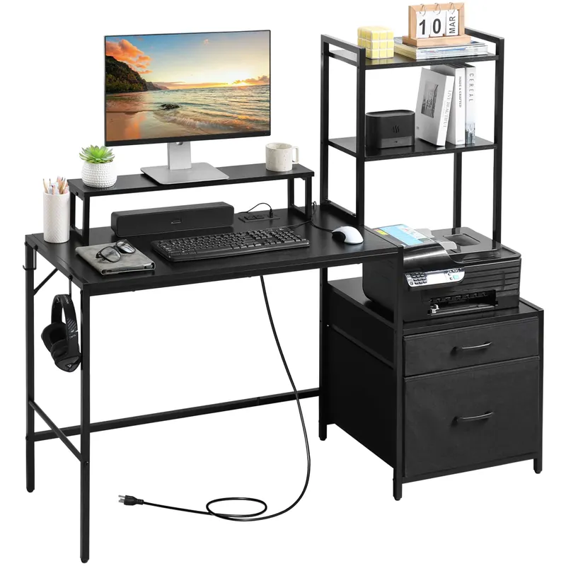 Computer Desk with Power Outlets and Storage Shelves, Reversible Home Office Desk with 2 Fabric Drawers