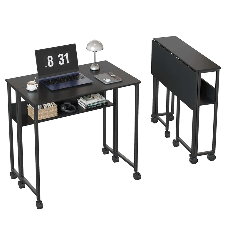 Small Foldable Computer Table on Wheels for Home Office & Small Spaces, Portable Workstation with Brakes