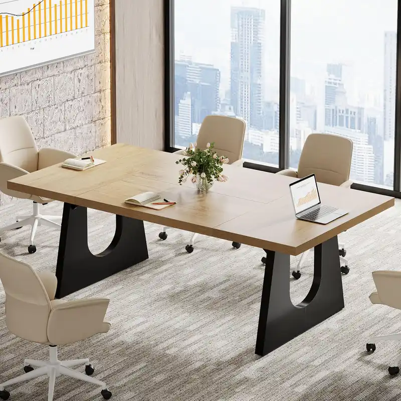 Rustic Wood Conference Meeting Room Table for 6-8 People, Business Seminar Tables, Breakroom, Reception Office Furniture