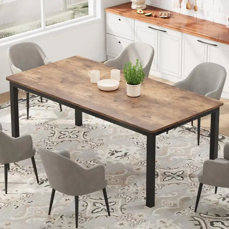 79 Inch Industrial Dining Table, Large Rectangle Kitchen Table with Metal Legs, Round Corners