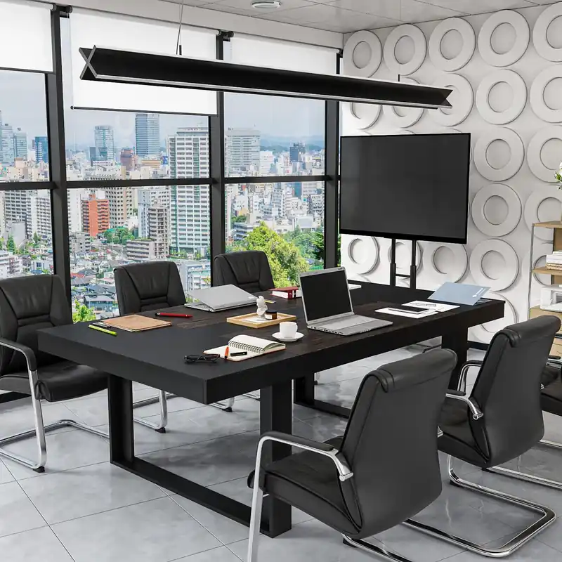 7.2FT Conference Table with Black Metal Frame, Rectangular Meeting Office Table Podcast Table
