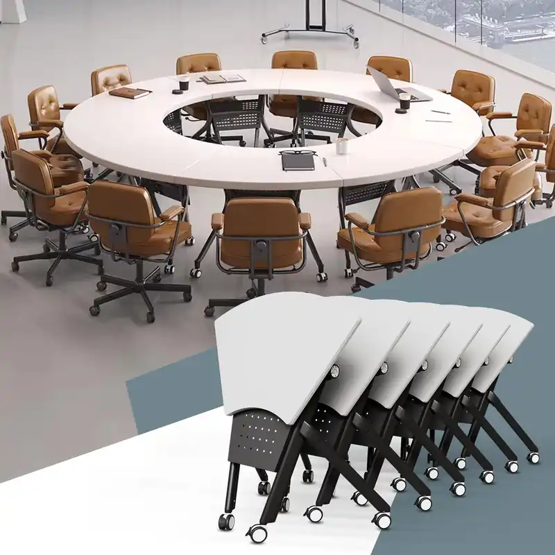 Mobile Modular Meeting Room Table with Locking Wheels, Flip Top Small Conference Table for School