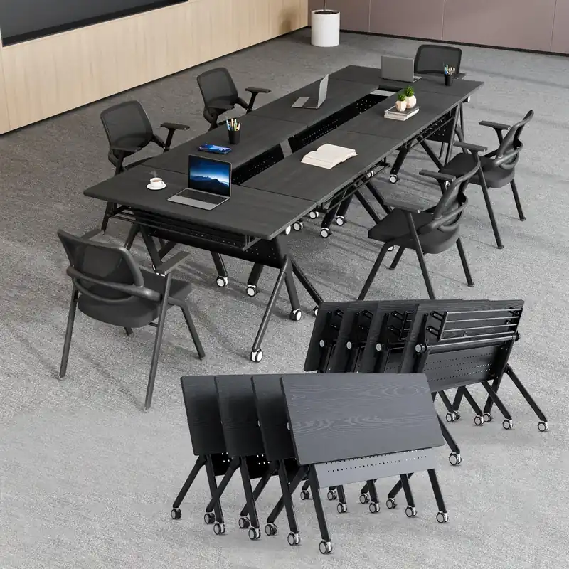 Conference Table, Round Rectangular Training Table, Mobile Modular Meeting Room Table with Locking Wheels