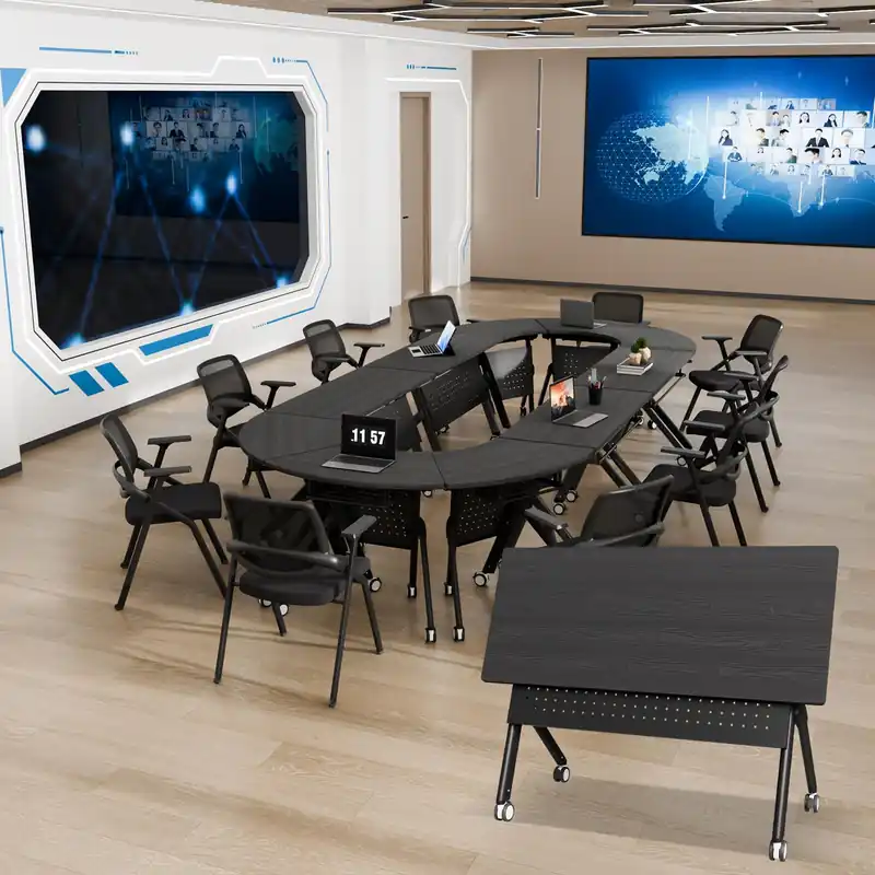 Flip Top Mobile Conference Table, Modular Rectangular & Fan-Shaped, Black Brown White, for Office Classroom Training