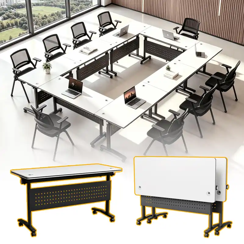 Folding Conference Table, Modular Conference Tables with Silent Wheels and 2 Cable Grommets Modern Flip-Top