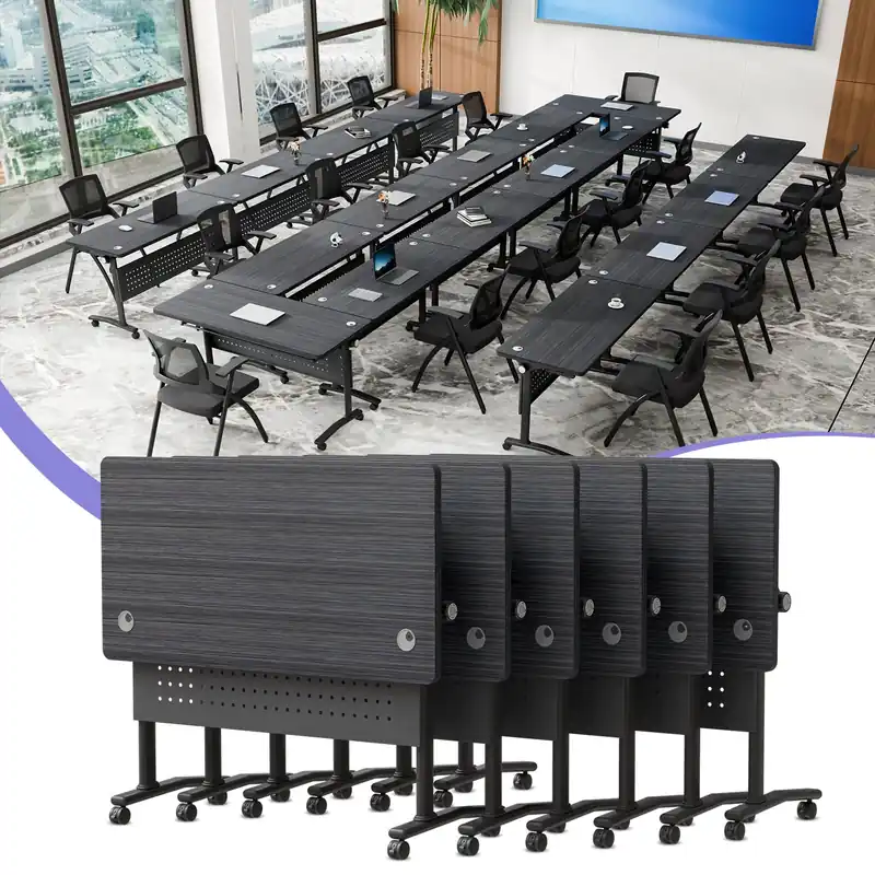 Mobile Folding Conference Table on Wheels, Modern Flip Top Stackable Training Tables
