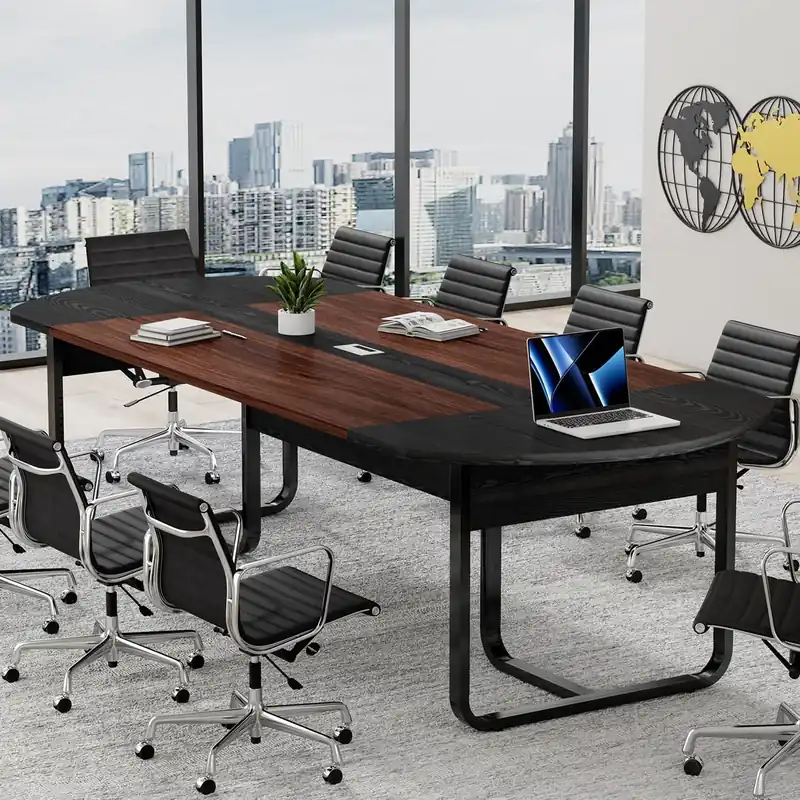 Walnut and Black Conference Room Table Curved for Office with Rectangle Grommet, Modern Meeting Table for Office