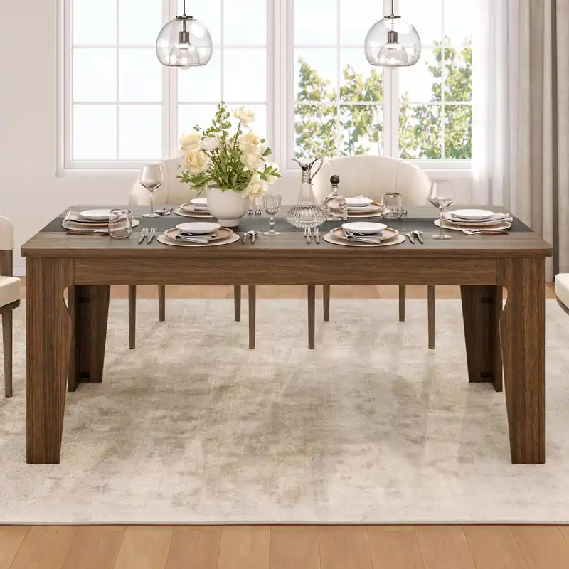 Long Dining Table for 6, Marble Texture Finish Kitchen Table with Sturdy Wooden Frame, Rectangle Dining Table for Dining Room