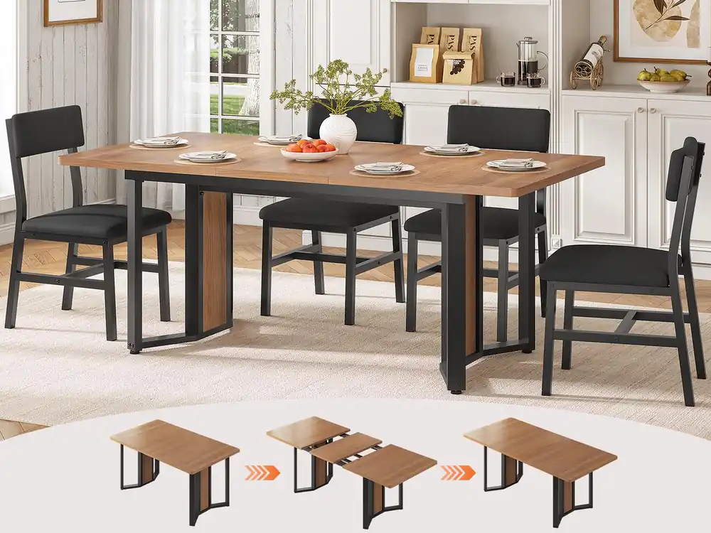 Itaar 5-Piece Dining Table Set for 4-6 People, 63" Extendable Kitchen Table and 4 Cushion Chairs