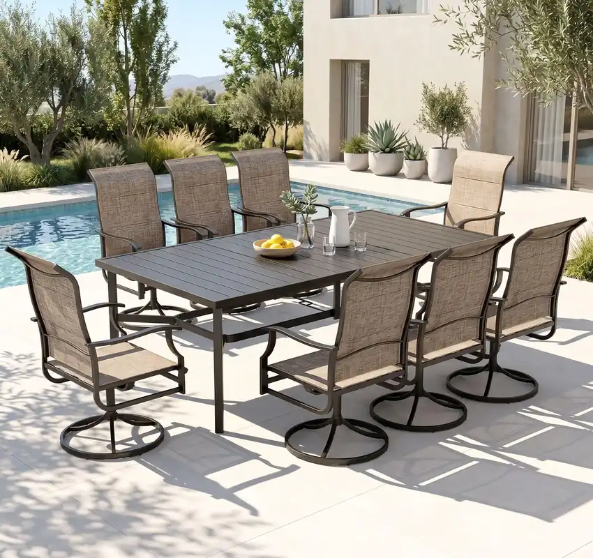 Patio Dining Set for 8 Person, Padded High Back Outdoor Swivel Chairs and Large Metal Table