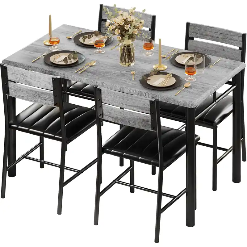 Dining Table Set for 4, Wood Kitchen Table with Upholstered Chairs for Kitchen Room and Small Spaces