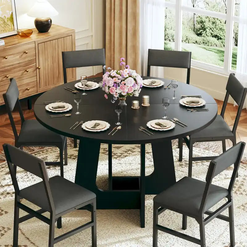 Round Dining Table Set for 6, 7-Piece Kitchen Table and Chairs for 6, 47‘‘ Round Dining Room Table Set with 6 Chairs