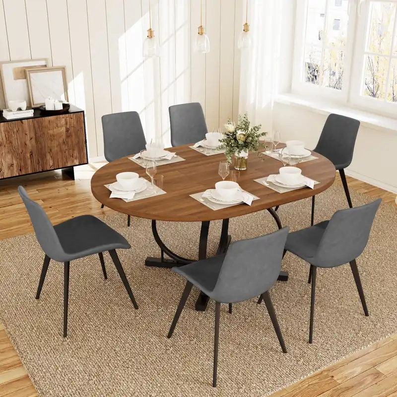 Extendable Round Dining Table Set for 6 People, 43.3"-59" Extendable Kitchen Table with 6 Upholstered Chairs