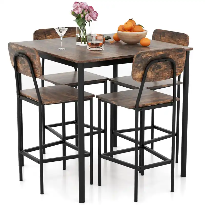 Giantex 5-Piece Dining Table Set W/Counter Height Table & 4 Bar Stools, Industrial Kitchen Dining Set W/Footrest & Backrest