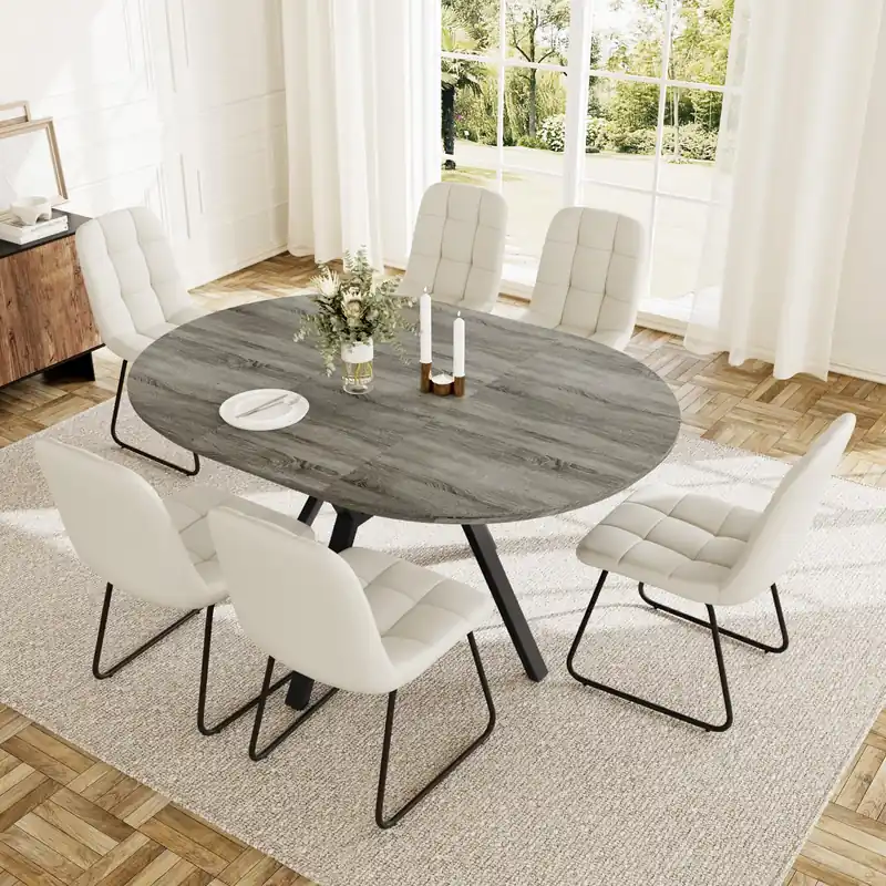 Round Dining Table Set for 6 People, 43.3"-59.1" Extendable Kitchen Table with 6 Upholstered Chairs