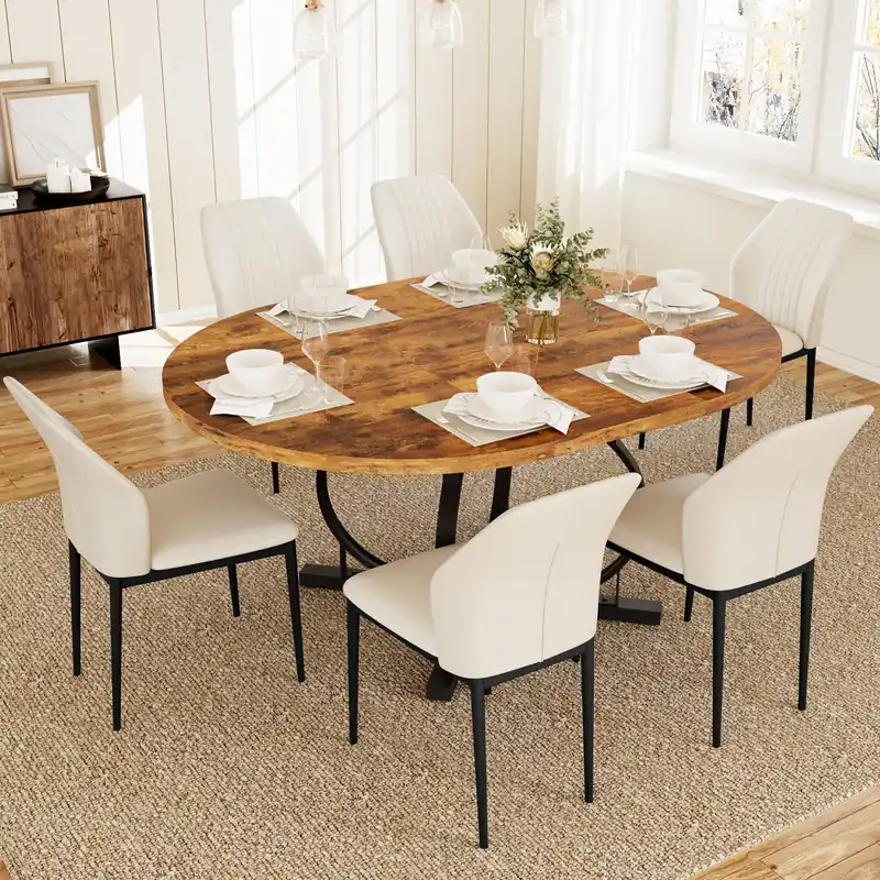 Extendable Round Dining Table Set for 6 People, 43.3"-59" Extendable Kitchen Table with 6 Upholstered Chairs
