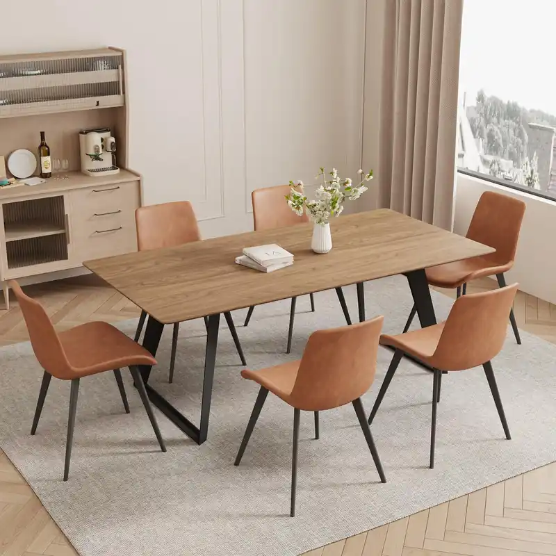 ZckyCine Extendable Dining Table Set for 6, 51–67 Inch Modern Dining Table with 6 PU Leather Chairs, Light Walnut Rectangular Expandable Kitchen Table with Metal Legs