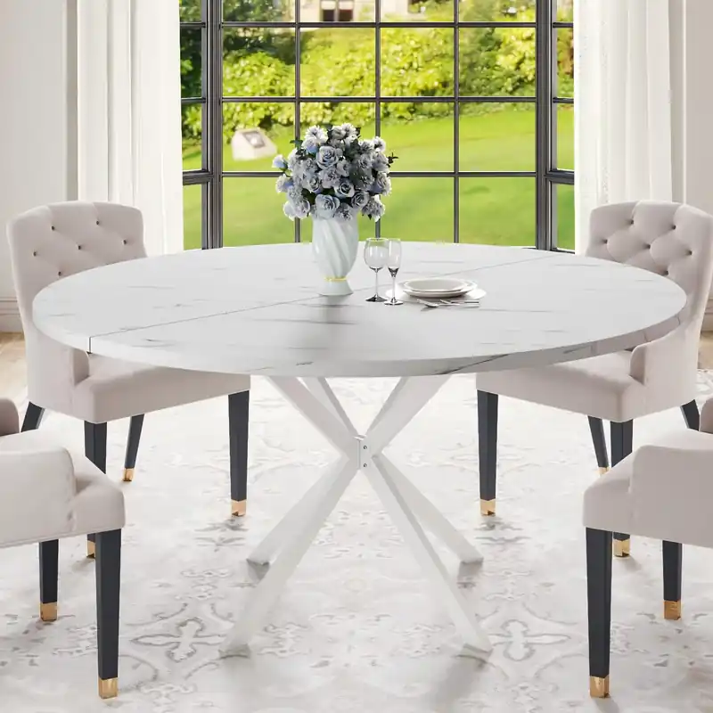 Round Dining Table for 4-6 Person, Round Kitchen Table with Wood Top, Circle Dinner Pedestal Tables with Metal Legs