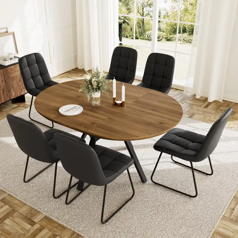 Extendable Round Dining Table Set for 6 People, 43.3"-59.1" Extendable Kitchen Table with 6 Upholstered Chairs