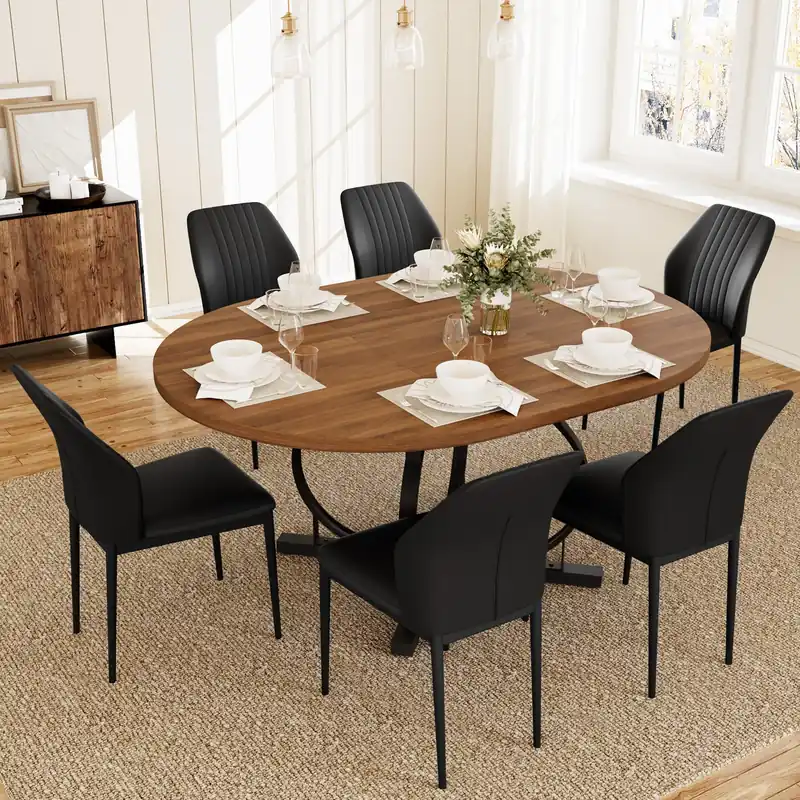 Extendable Round Dining Table Set for 6 People, 43.3"-59" Extendable Kitchen Table with 6 Upholstered Chairs