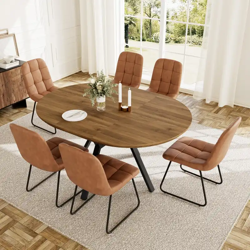 Round Dining Table Set for 6 People, 43.3"-59.1" Extendable Kitchen Table with 6 Upholstered Chairs