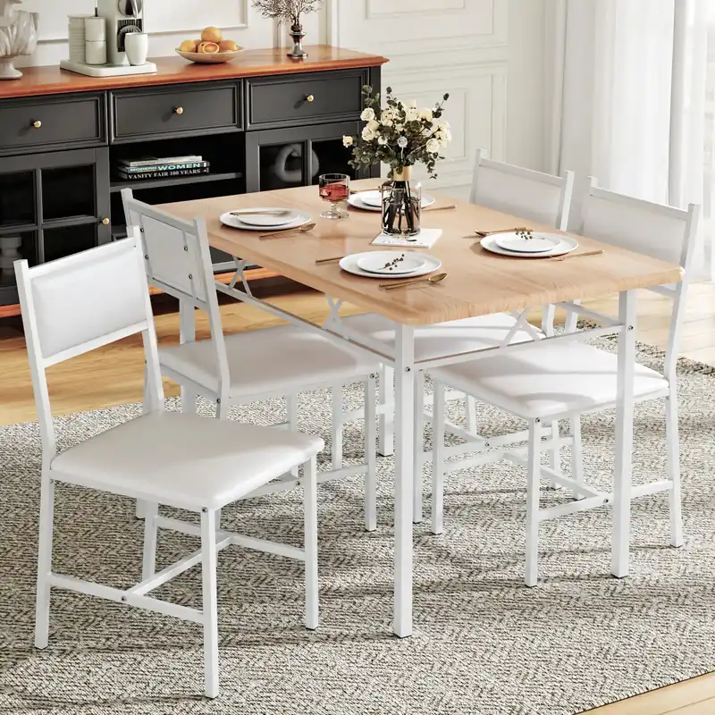 Dining Table Set for 4 with Chairs, 5-Piece Kitchen Table and Upholstered Padded Chairs Set for Small Space,