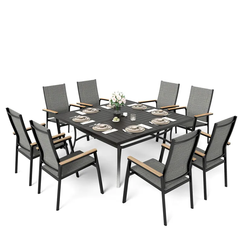 Lightweight Aluminum Outdoor Dining Chairs and Large Square Metal Table