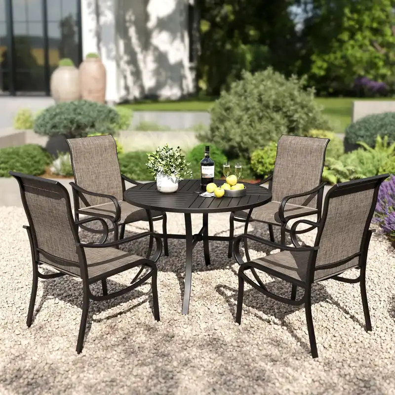 Round Patio Dining Set for 4 Person, 42‘‘ Round Metal Slat Table with Umbrella Holes and 4 High Back Fixed Chairs All Weather Outdoor Table