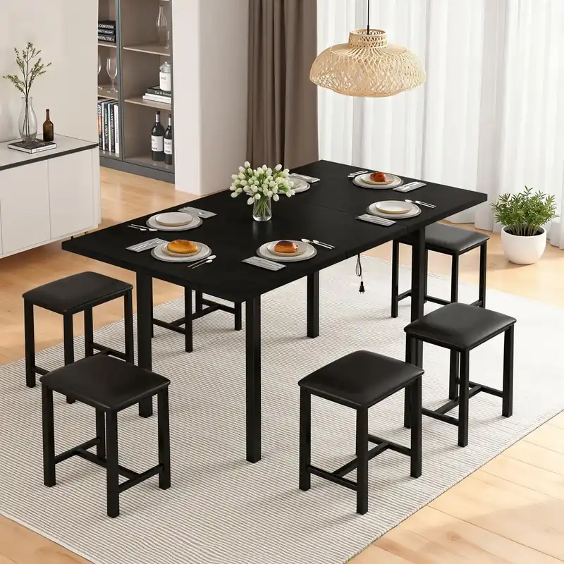 7-Piece Dining Table Set, 63" Large Extendable Kitchen Table Set with USB Charging, Metal & Wood Support