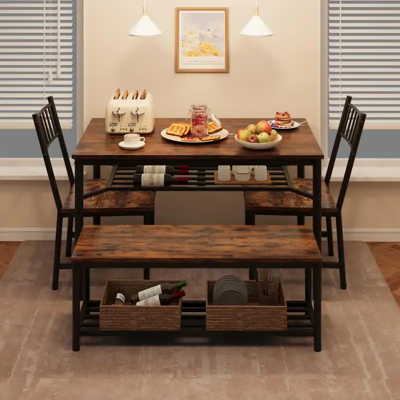 Garvee Dining Table Set for 4 with Bench and Chairs, 4-Piece Kitchen Table Set with Storage