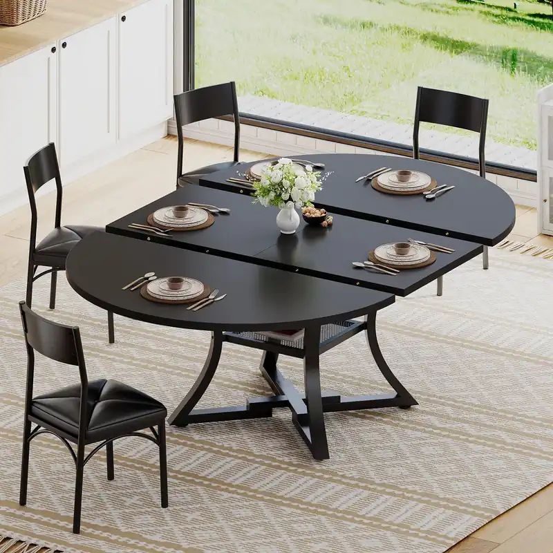 Itaar Round Extendable Dining Table Set for 4-6 People, 5-Piece Kitchen Table Set with 4 Cushion Chairs