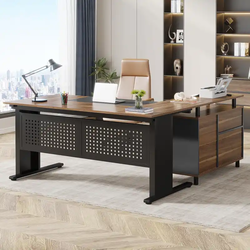 Tribesigns 63 Inch Executive Desk with File Cabinet, Large Office Desk L Shaped Computer Desk with Drawers and Storage Shelves